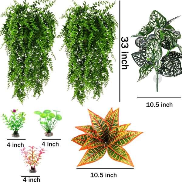 Kit de vides y plantas artificiales para terrario, con alambre flexible interno y ventosas fuertes para reptiles.