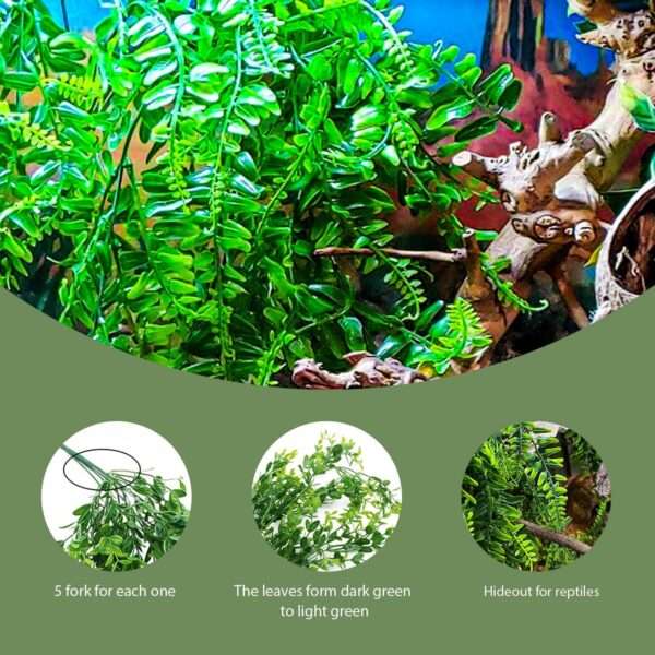Kit de vides y plantas artificiales para terrario, con alambre flexible interno y ventosas fuertes para reptiles.