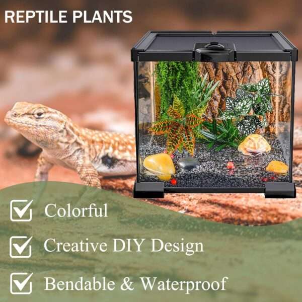 Kit de vides y plantas artificiales para terrario, con alambre flexible interno y ventosas fuertes para reptiles.