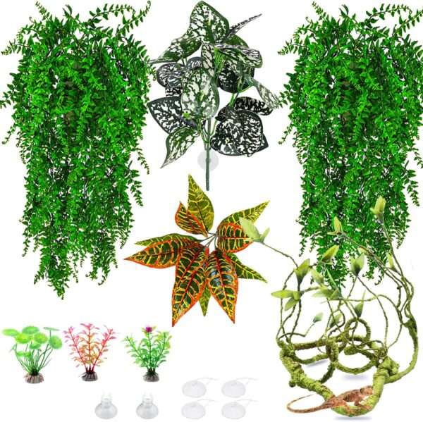 Kit de vides y plantas artificiales para terrario, con alambre flexible interno y ventosas fuertes para reptiles.