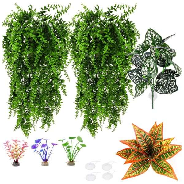 Kit de vides y plantas artificiales para terrario, con alambre flexible interno y ventosas fuertes para reptiles.