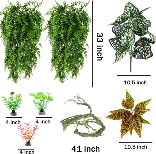 Kit de vides y plantas artificiales para terrario, con alambre flexible interno y ventosas fuertes para reptiles.