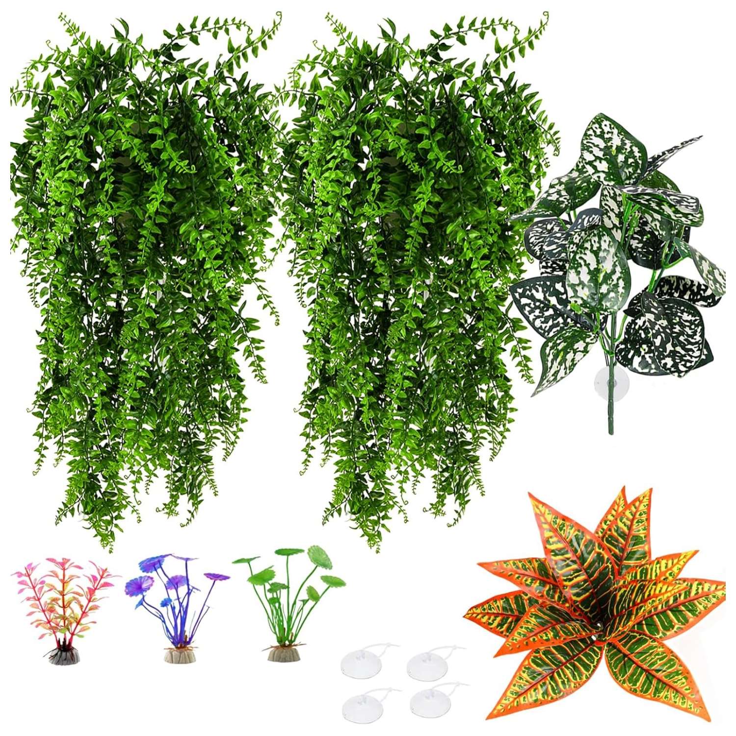 Kit de vides y plantas artificiales para terrario, con alambre flexible interno y ventosas fuertes para reptiles.