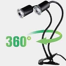 Lámpara de doble cabezal para reptiles con temporizador de ciclo automático (24H) y cuello de cisne 360°.