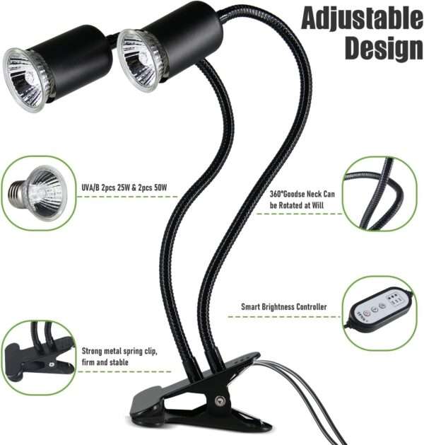 Lámpara de doble cabezal para reptiles con temporizador de ciclo automático (24H) y cuello de cisne 360°.