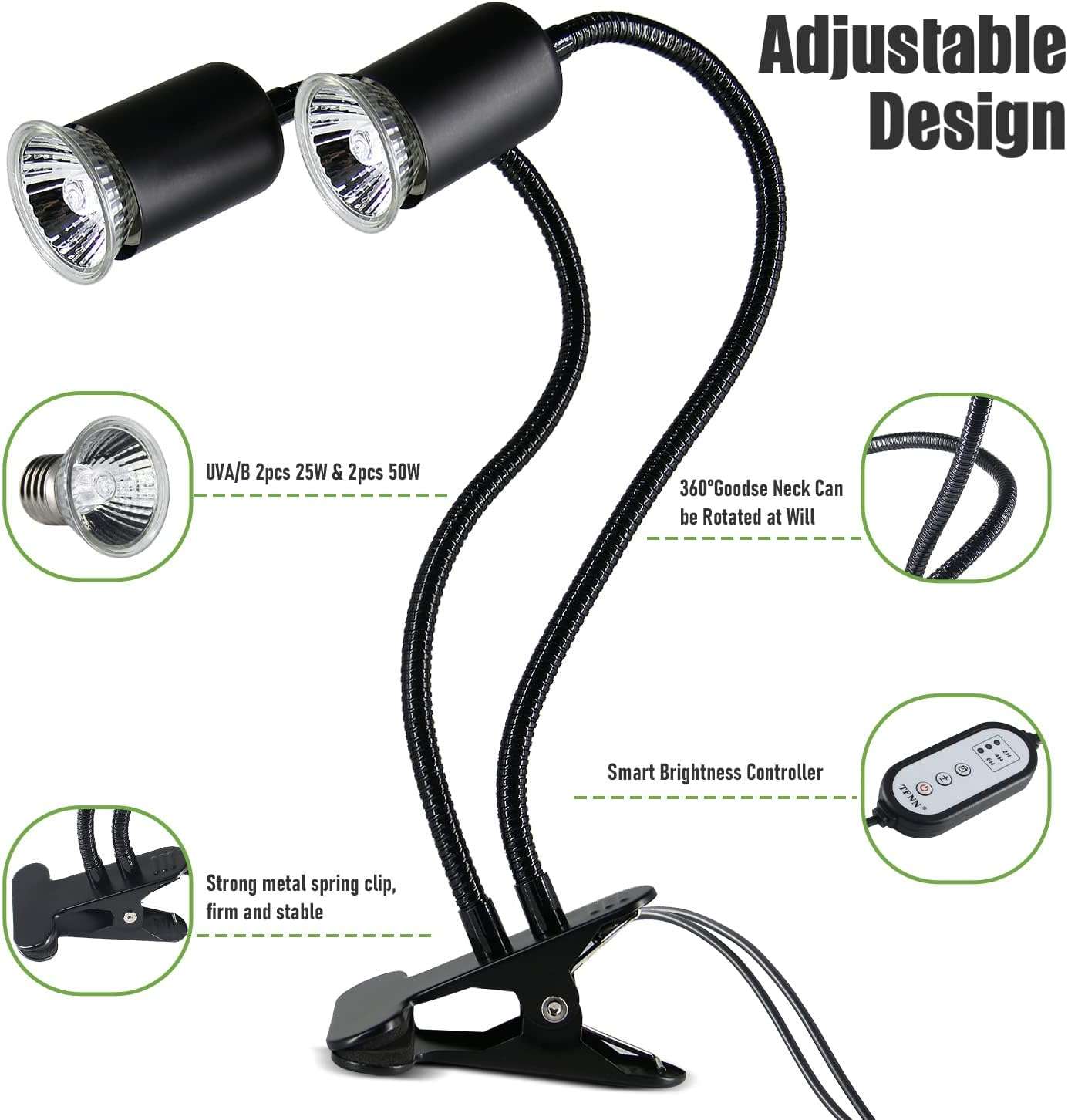 Lámpara de doble cabezal para reptiles con temporizador de ciclo automático (24H) y cuello de cisne 360°.