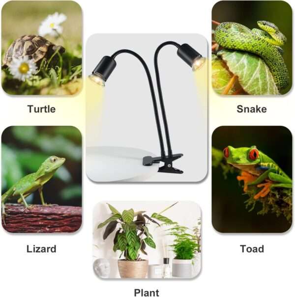 Lámpara de doble cabezal para reptiles con temporizador de ciclo automático (24H) y cuello de cisne 360°.