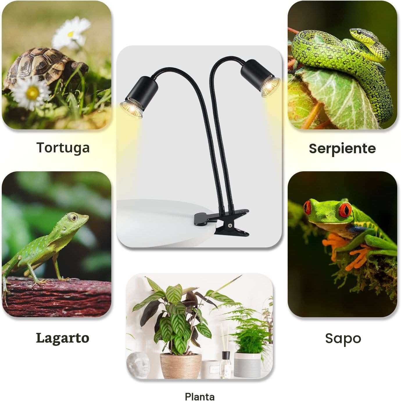 Lámpara de doble cabezal para reptiles con temporizador de ciclo automático (24H) y cuello de cisne 360°.