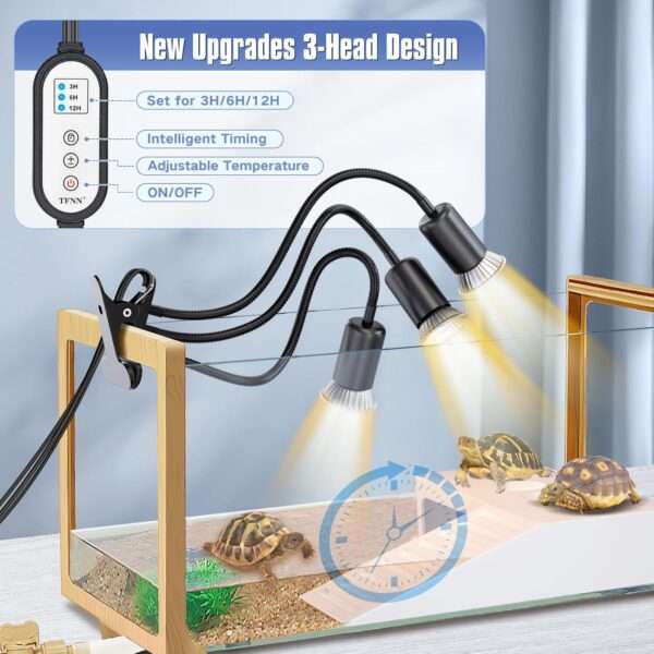 Lámpara de triple cabezal para reptiles con temporizador, 4 bombillas 50W y cuello de cisne 360° de metal.