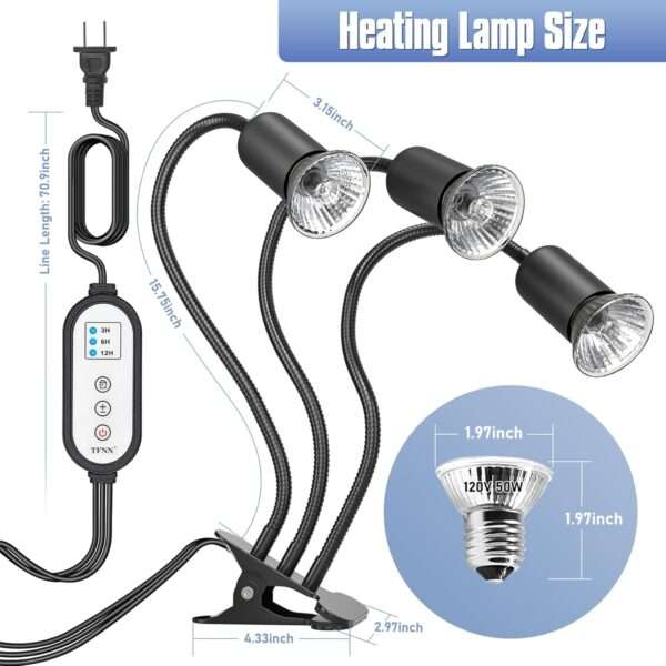 Lámpara de triple cabezal para reptiles con temporizador, 4 bombillas 50W y cuello de cisne 360° de metal.