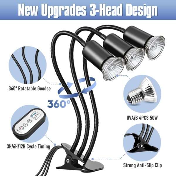 Lámpara de triple cabezal para reptiles con temporizador, 4 bombillas 50W y cuello de cisne 360° de metal.
