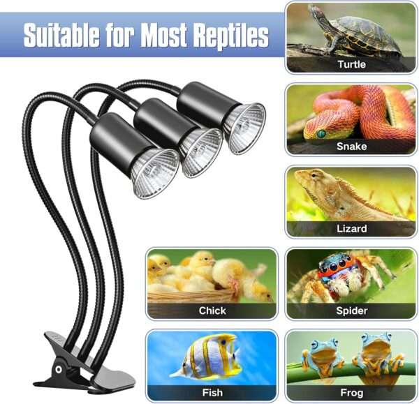 Lámpara de triple cabezal para reptiles con temporizador, 4 bombillas 50W y cuello de cisne 360° de metal.