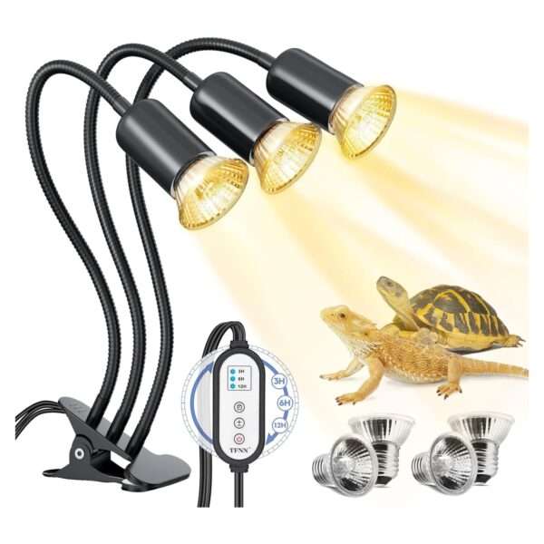Lámpara de triple cabezal para reptiles con temporizador, 4 bombillas 50W y cuello de cisne 360° de metal.