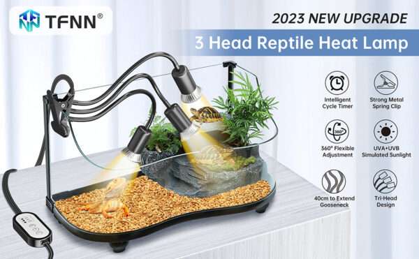 Lámpara de triple cabezal para reptiles con temporizador, 4 bombillas 50W y cuello de cisne 360° de metal.