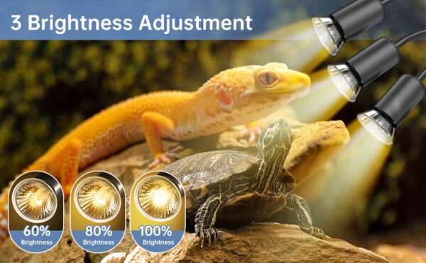 Lámpara de triple cabezal para reptiles con temporizador, 4 bombillas 50W y cuello de cisne 360° de metal.