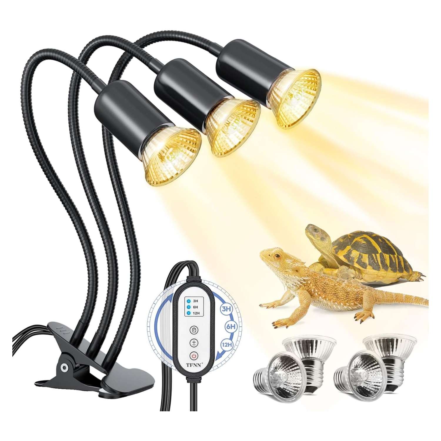 Lámpara de triple cabezal para reptiles con temporizador, 4 bombillas 50W y cuello de cisne 360° de metal.