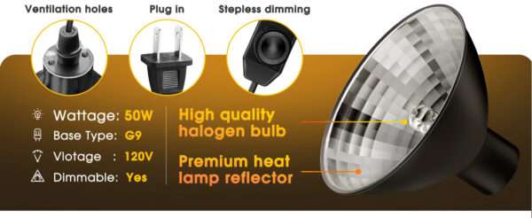 Lámpara de calor regulable (50W) para reptiles, con reflector de aluminio y luz UVA para aumentar la digestión.