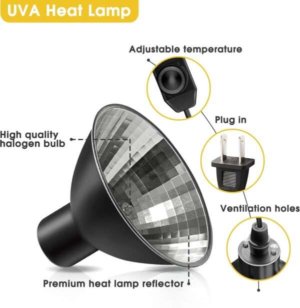 Lámpara de calor regulable (50W) para reptiles, con reflector de aluminio y luz UVA para aumentar la digestión.