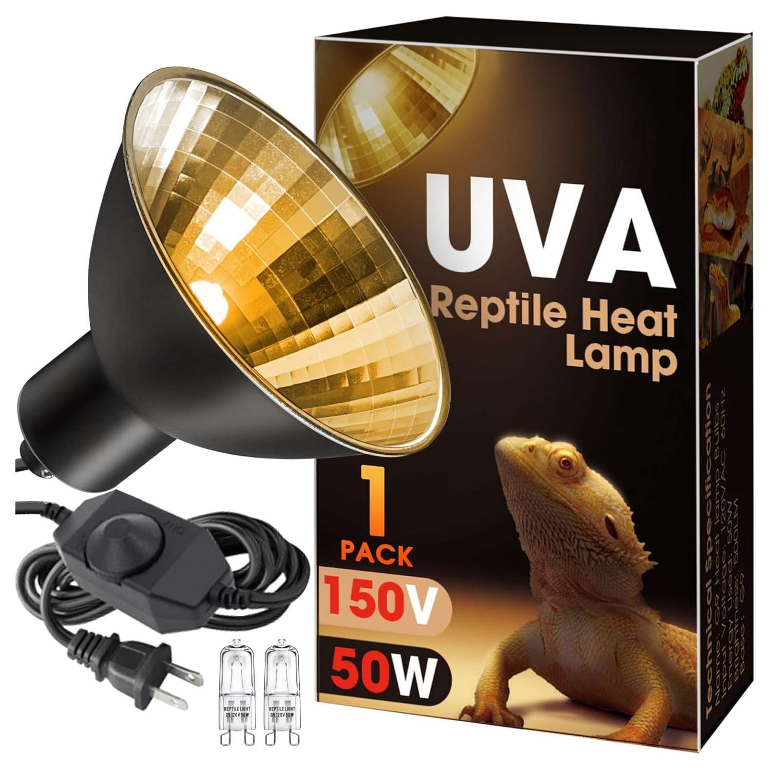 Lámpara de calor regulable (50W) para reptiles, con reflector de aluminio y luz UVA para aumentar la digestión.