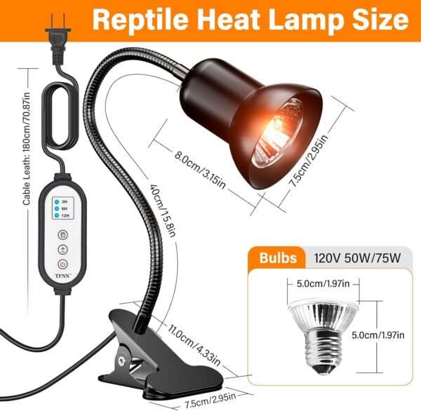 Lámpara de calor y luz UVA/B con temporizador cíclico, 3 niveles de brillo y cuello de cisne 360° con clip de metal.
