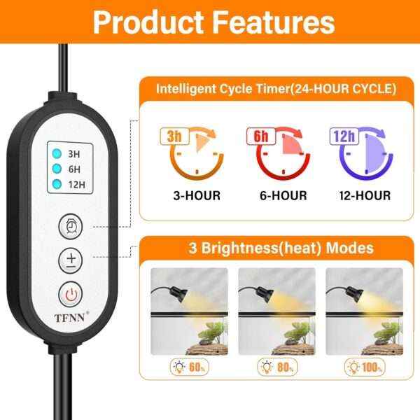 Lámpara de calor y luz UVA/B con temporizador cíclico, 3 niveles de brillo y cuello de cisne 360° con clip de metal.