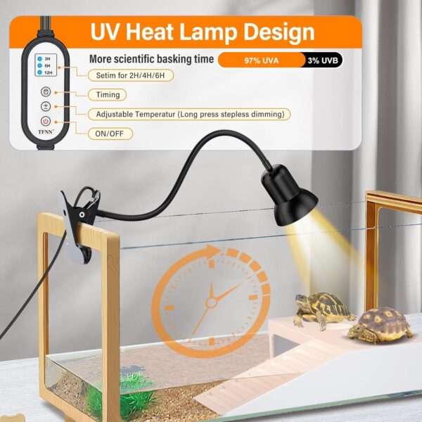 Lámpara de calor y luz UVA/B con temporizador cíclico, 3 niveles de brillo y cuello de cisne 360° con clip de metal.