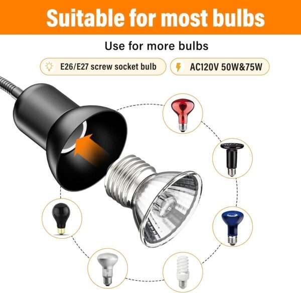 Lámpara de calor y luz UVA/B con temporizador cíclico, 3 niveles de brillo y cuello de cisne 360° con clip de metal.
