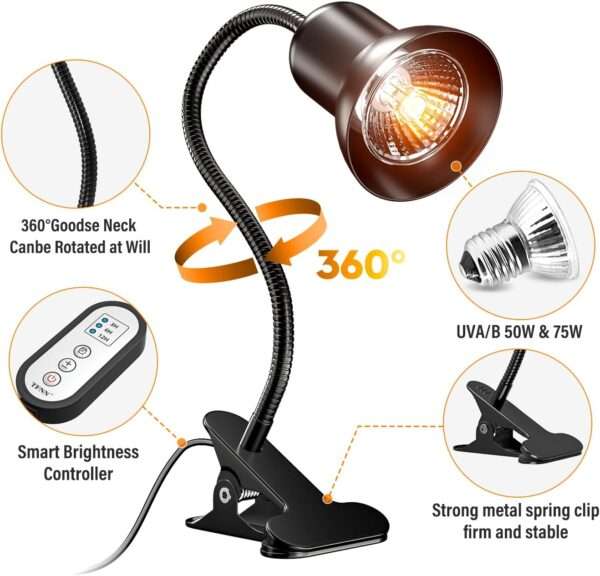Lámpara de calor y luz UVA/B con temporizador cíclico, 3 niveles de brillo y cuello de cisne 360° con clip de metal.