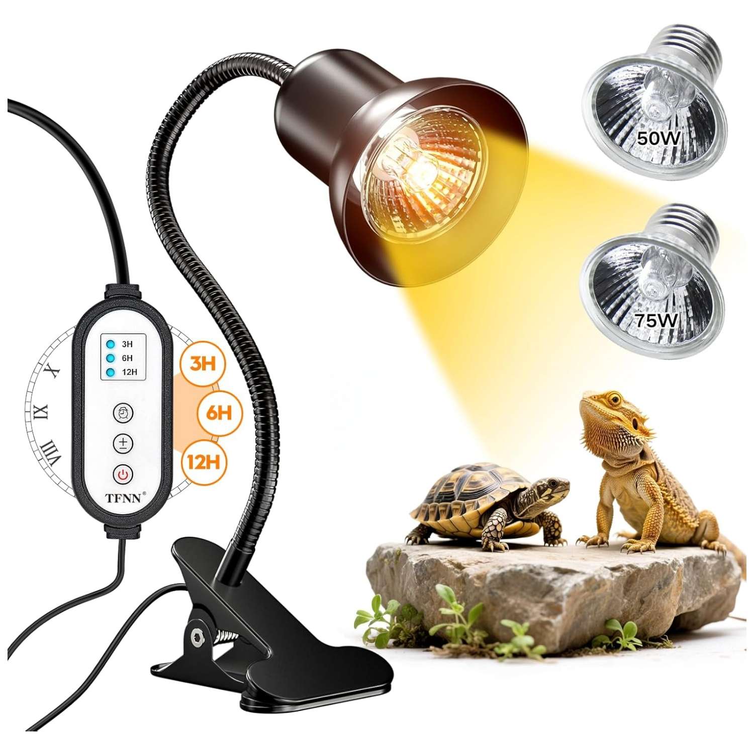 Lámpara de calor y luz UVA/B con temporizador cíclico, 3 niveles de brillo y cuello de cisne 360° con clip de metal.