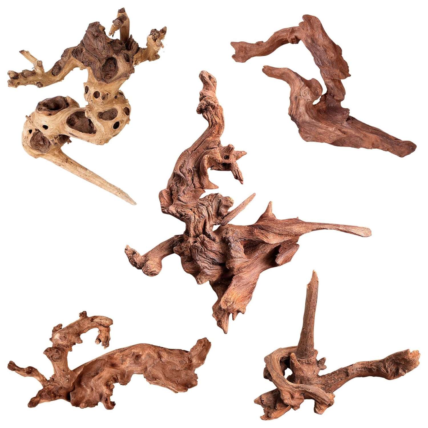 Kit de 5 piezas de madera flotante natural única, ideal para decoración de acuarios (5-10 galones) y terrarios de reptiles.