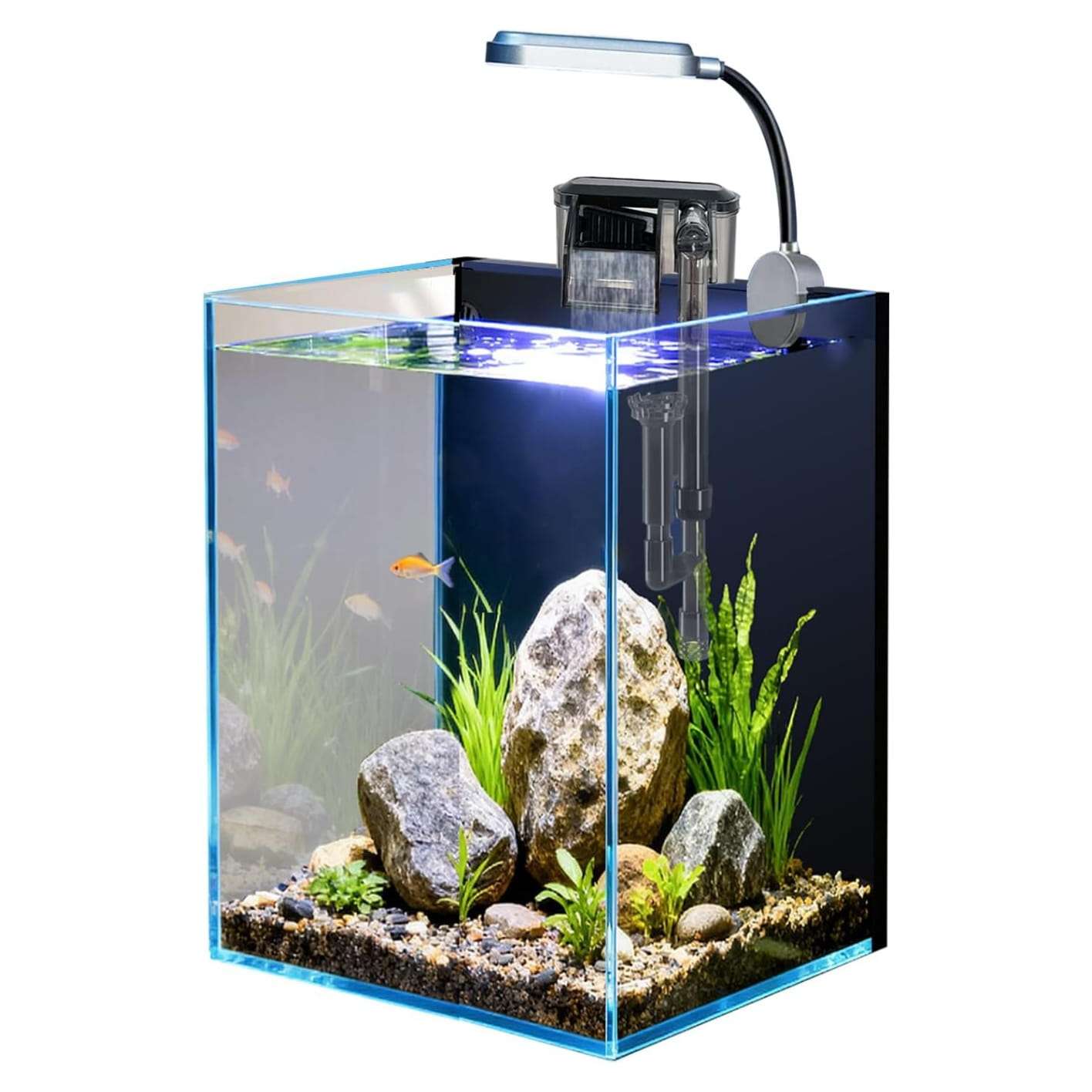 Nano acuario de vidrio (16x16x22 cm) con filtro colgante de 3W, luz LED COB y base. Ideal para aquascaping, peces pequeños y principiantes.