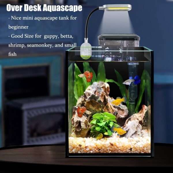 Nano acuario de vidrio (16x16x22 cm) con filtro colgante de 3W, luz LED COB y base. Ideal para aquascaping, peces pequeños y principiantes.