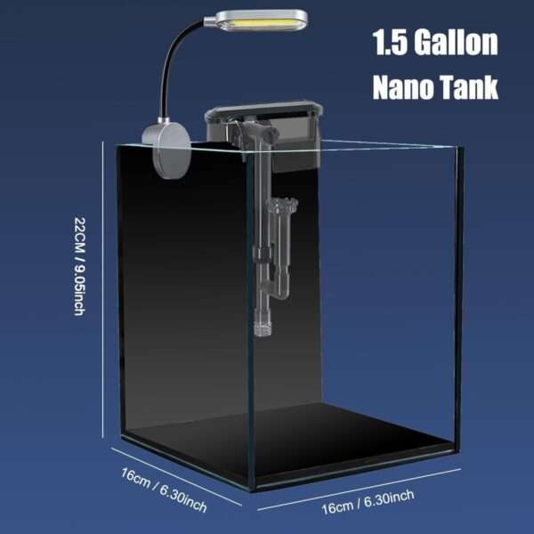 Nano acuario de vidrio (16x16x22 cm) con filtro colgante de 3W, luz LED COB y base. Ideal para aquascaping, peces pequeños y principiantes.
