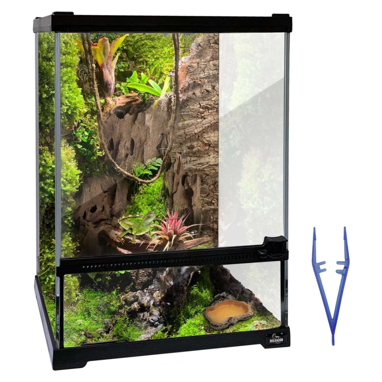Un mini terrario de vidrio con apertura frontal y malla superior, ideal para reptiles y anfibios pequeños.