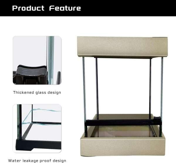 Un mini terrario de vidrio con apertura frontal y malla superior, ideal para reptiles y anfibios pequeños.