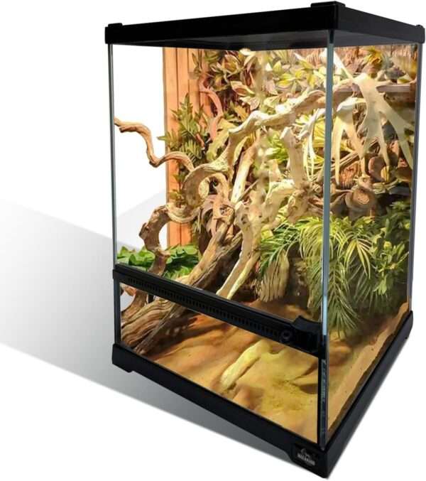 Un mini terrario de vidrio con apertura frontal y malla superior, ideal para reptiles y anfibios pequeños.