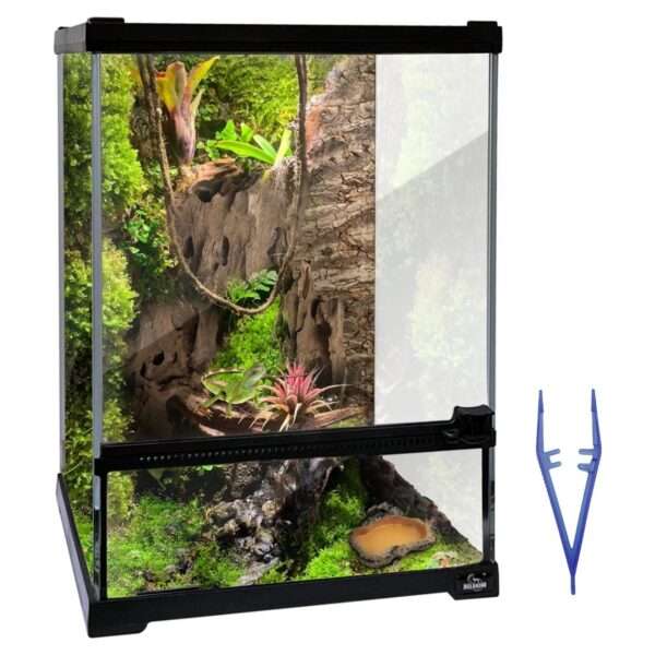 Un mini terrario de vidrio con apertura frontal y malla superior, ideal para reptiles y anfibios pequeños.