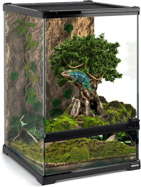 Un mini terrario de vidrio con apertura frontal y malla superior, ideal para reptiles y anfibios pequeños.