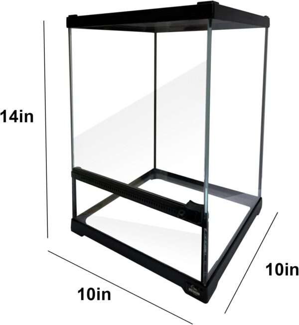 Un mini terrario de vidrio con apertura frontal y malla superior, ideal para reptiles y anfibios pequeños.
