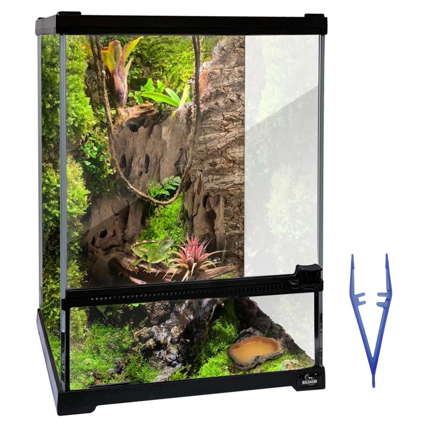 Un mini terrario de vidrio con apertura frontal y malla superior, ideal para reptiles y anfibios pequeños.