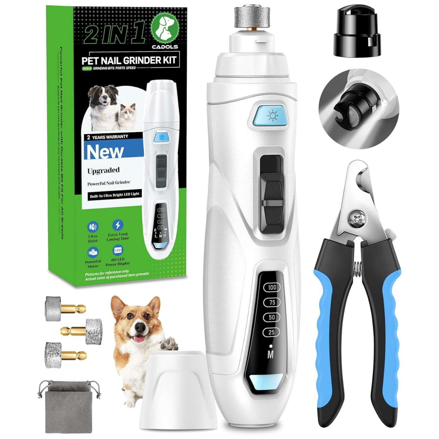 Kit de uñas 2 en 1 para perros y gatos, con molinillo eléctrico y cortaúñas.