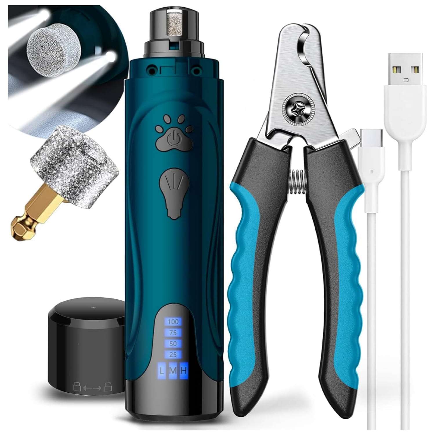 Lima electrica de uñas para perros con luz LED y pantalla digital.