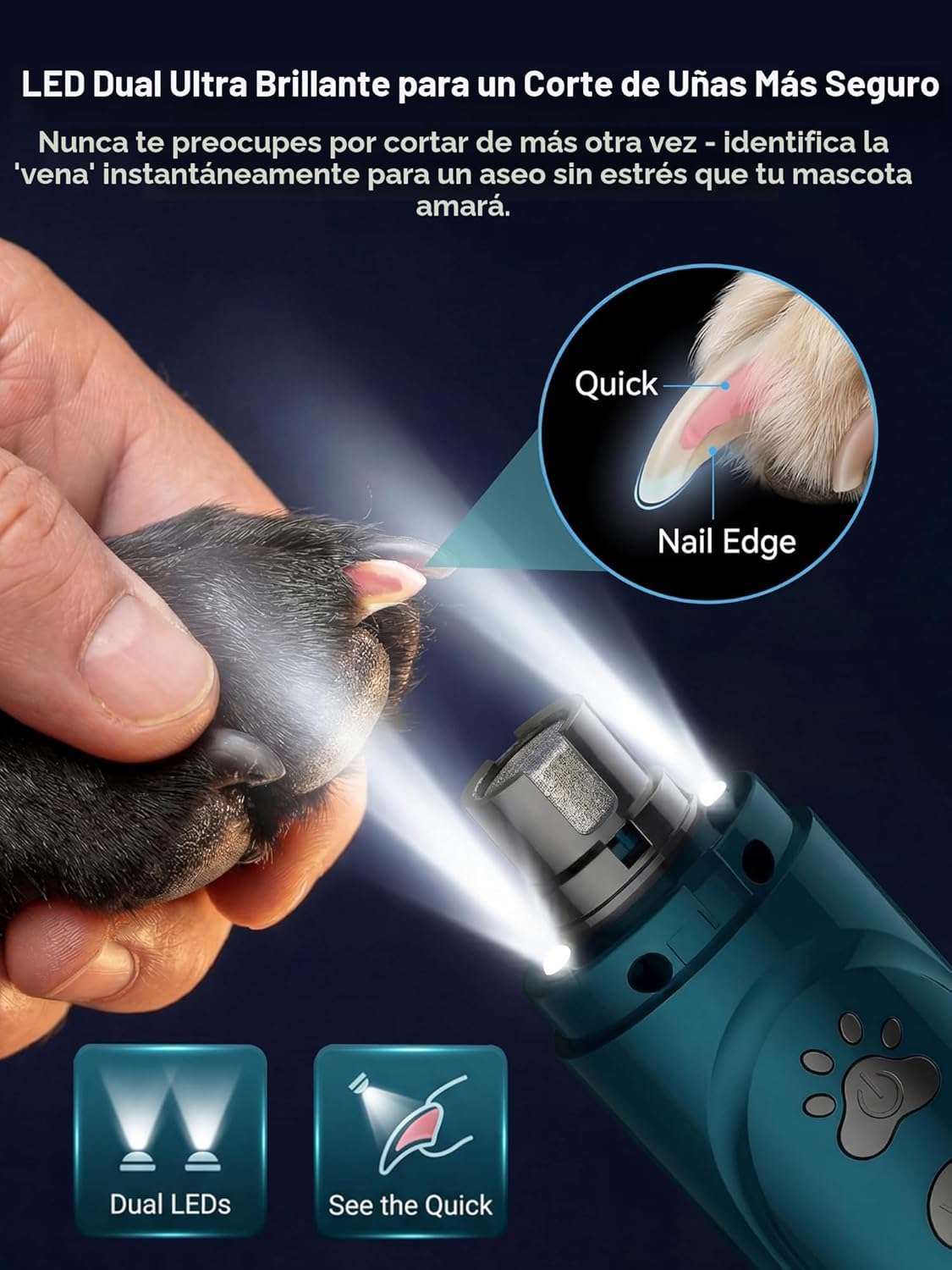 Lima electrica de uñas para perros con luz LED y pantalla digital.