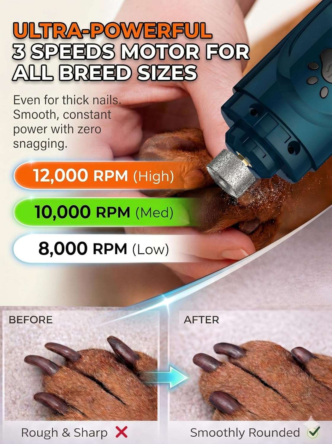 Lima electrica de uñas para perros con luz LED y pantalla digital.