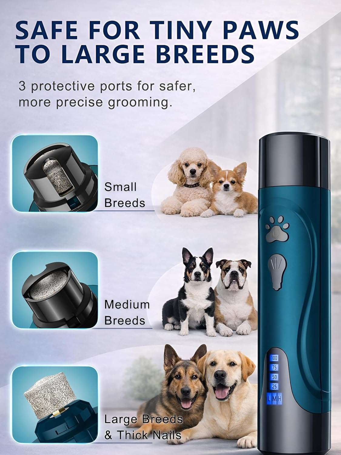 Lima electrica de uñas para perros con luz LED y pantalla digital.