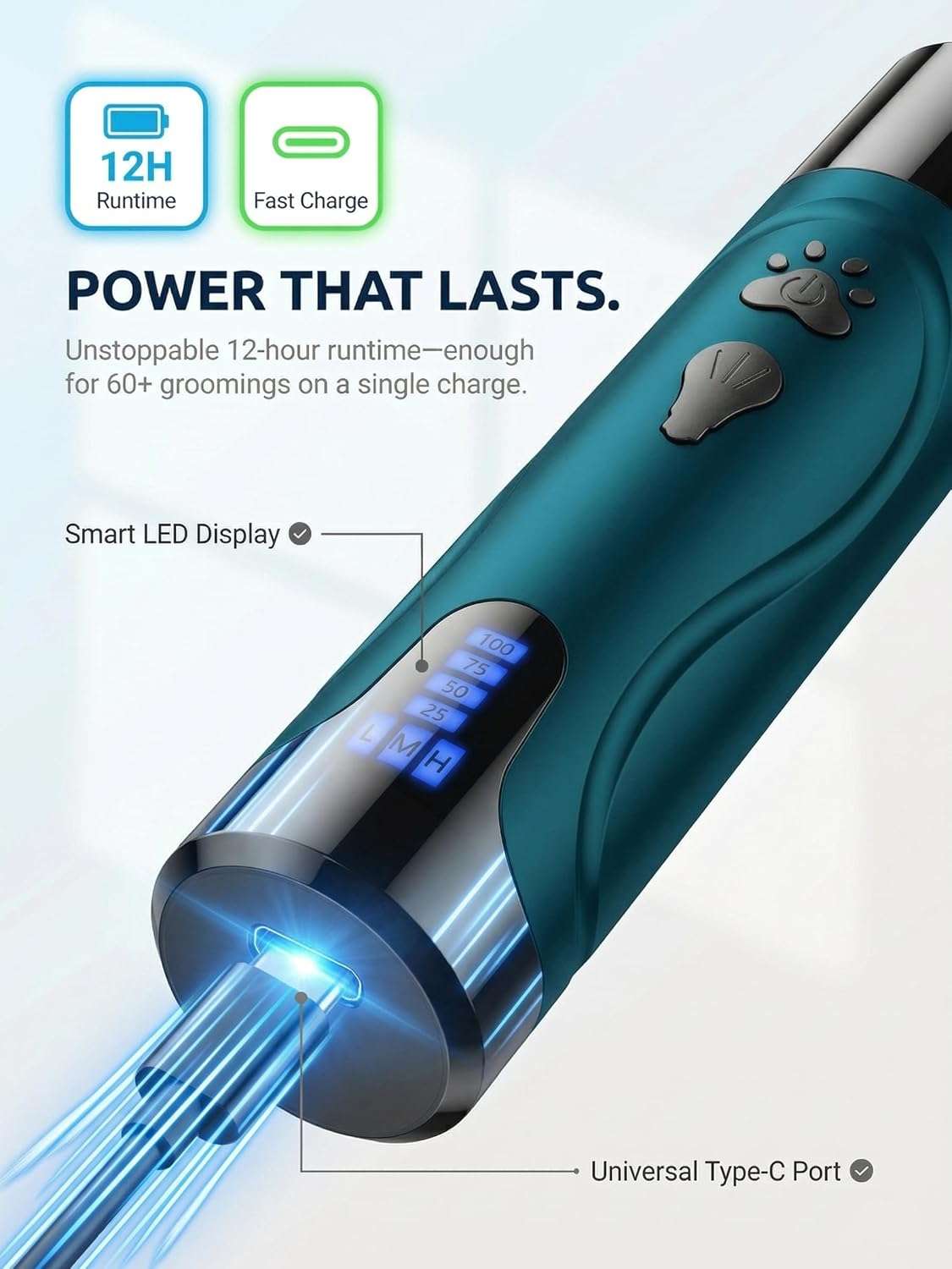 Lima electrica de uñas para perros con luz LED y pantalla digital.