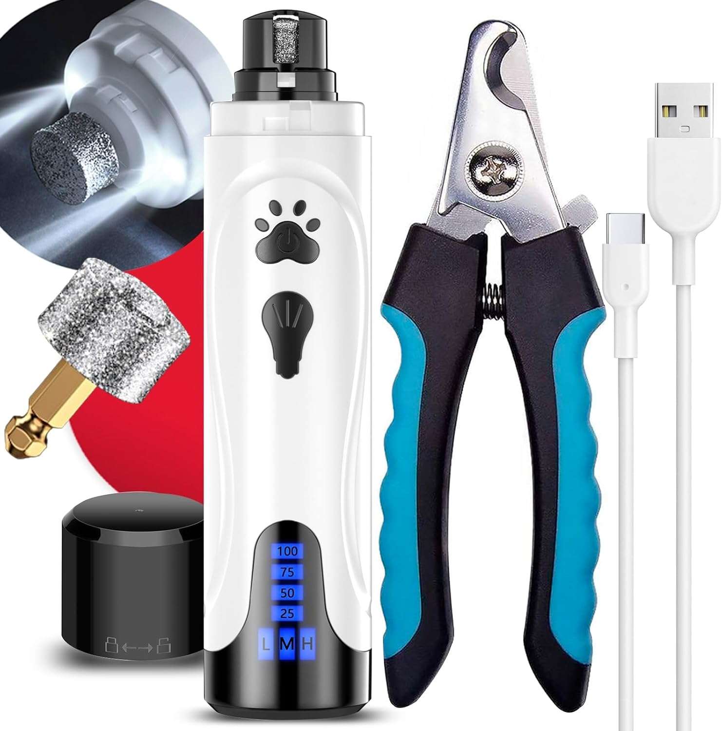 Lima electrica de uñas para perros con luz LED y pantalla digital.