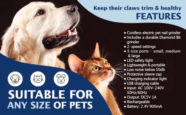 Molinillo de uñas eléctrico para perros y gatos, profesional y recargable.