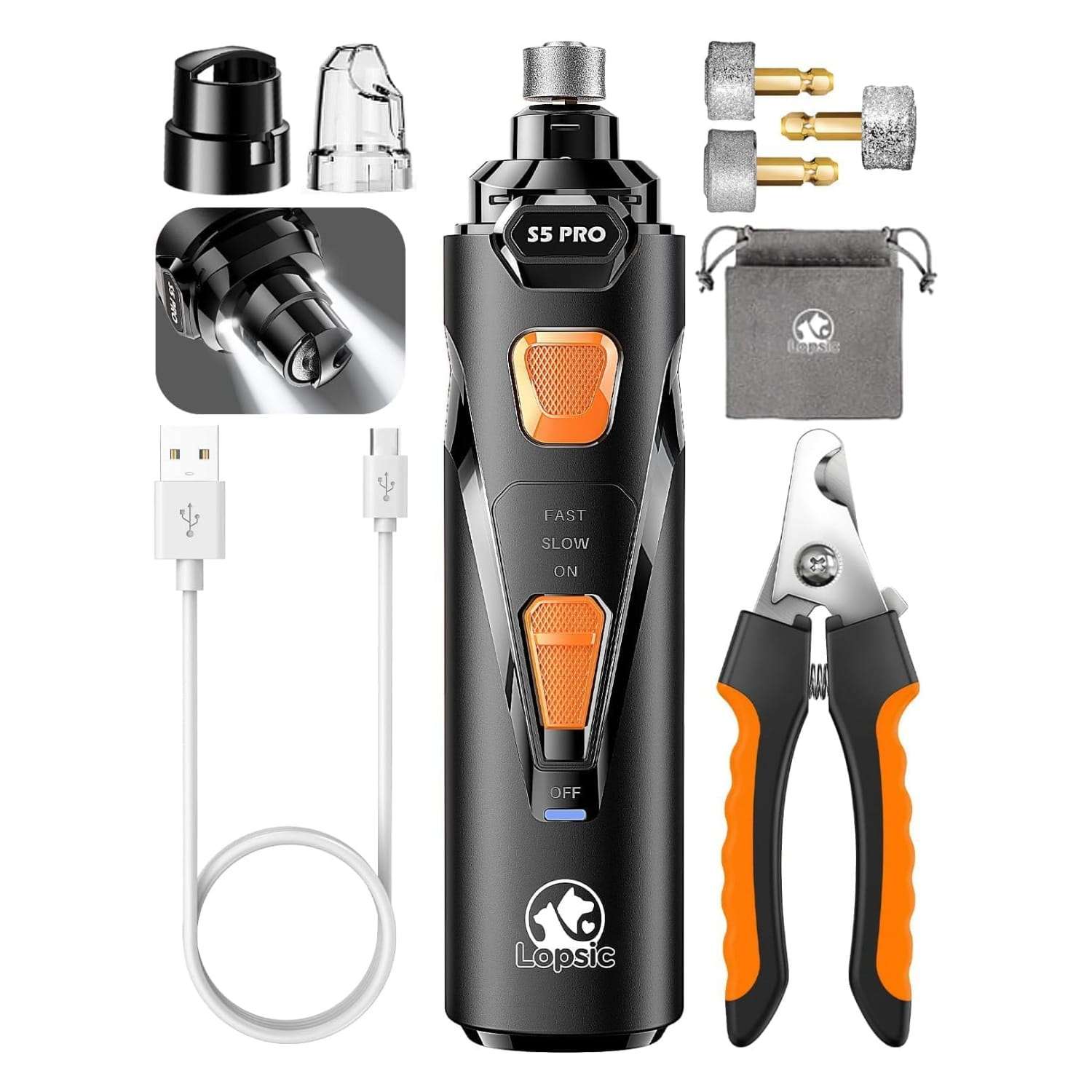Molinillo de uñas para perros, súper silencioso, recargable y con luz LED.