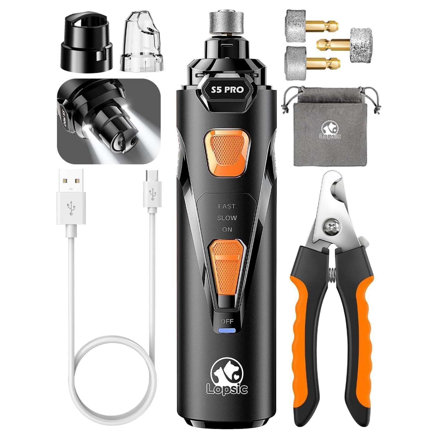 Molinillo de uñas para perros, súper silencioso, recargable y con luz LED.